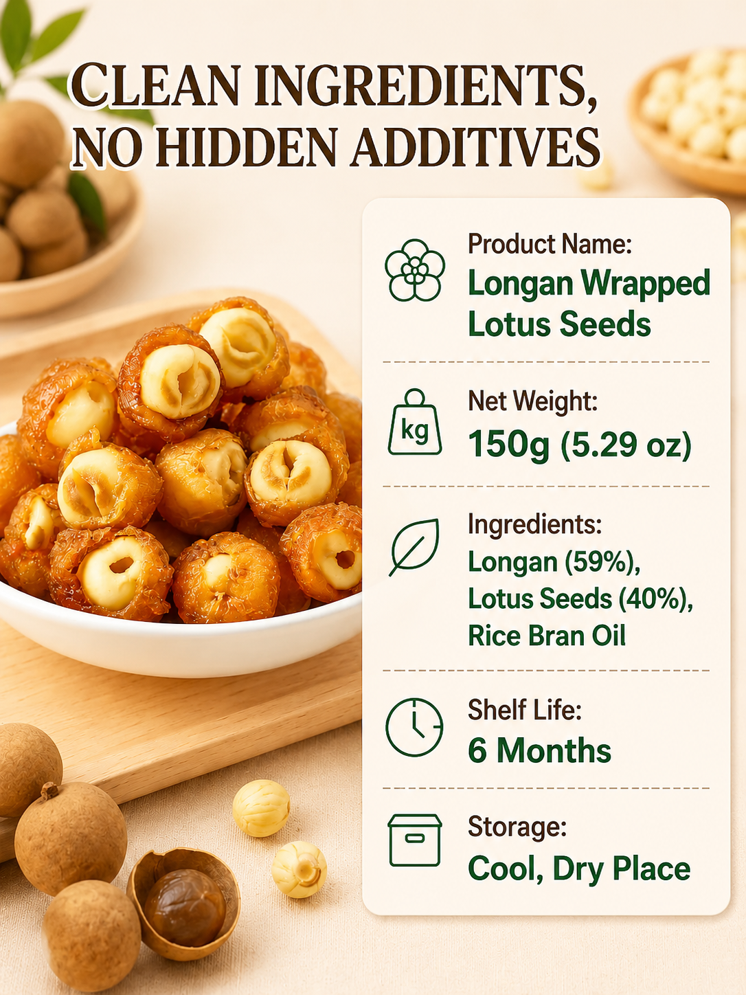 Longan Wrapped Lotus Seeds. Natural Ready-to-Eat Dried Fruit Snack for HeaIth & Relaxation-9YOE9