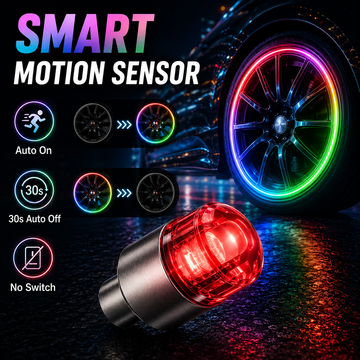 Smart RGB Tire Valve Lights – Motion-Sensing, Waterproof, Easy Install-9YB