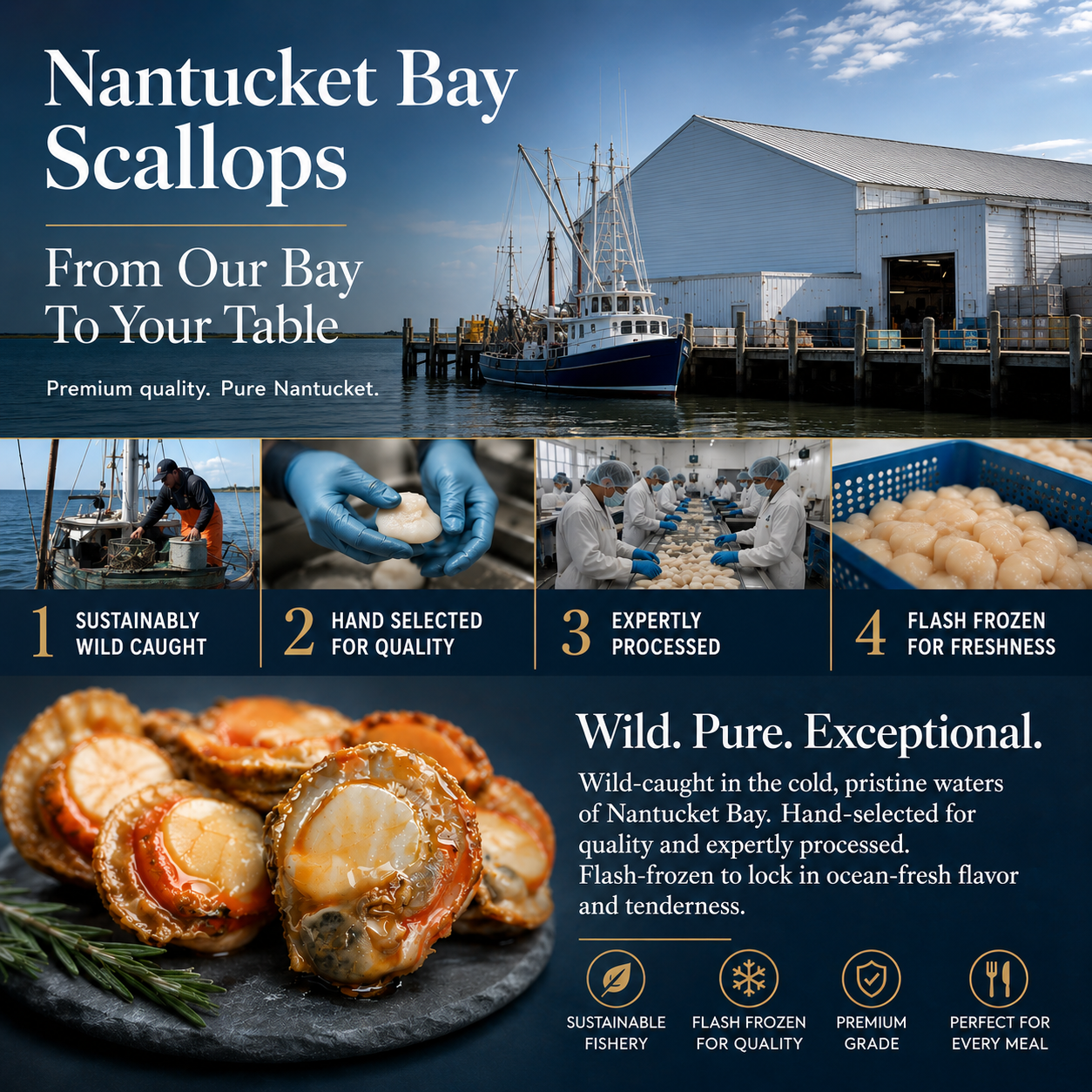 High-protein, ready-to-eat scallop meat from Nantucket Bay Scallops-Family