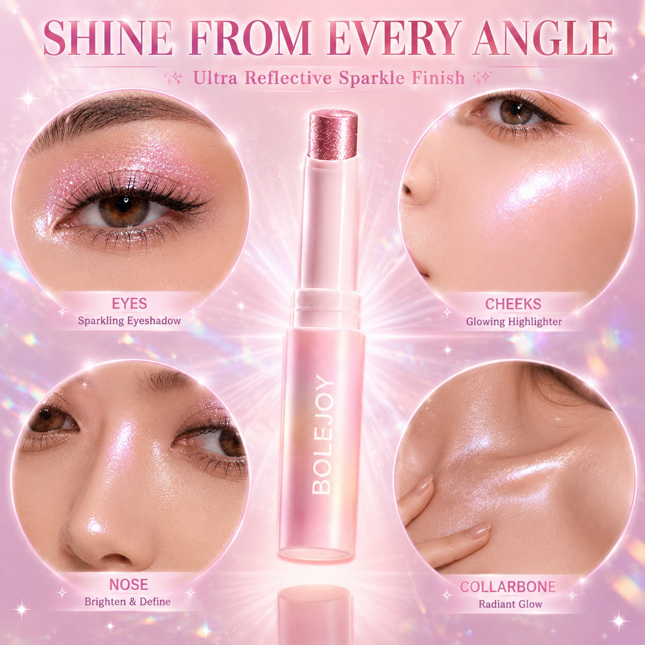 BOLEJOY 6PCS Jelly Glitter Stick Set – 3-in-1 Eyeshadow, Highlighter & Lip Glow with Hydrating Shimmer Finish-9YB