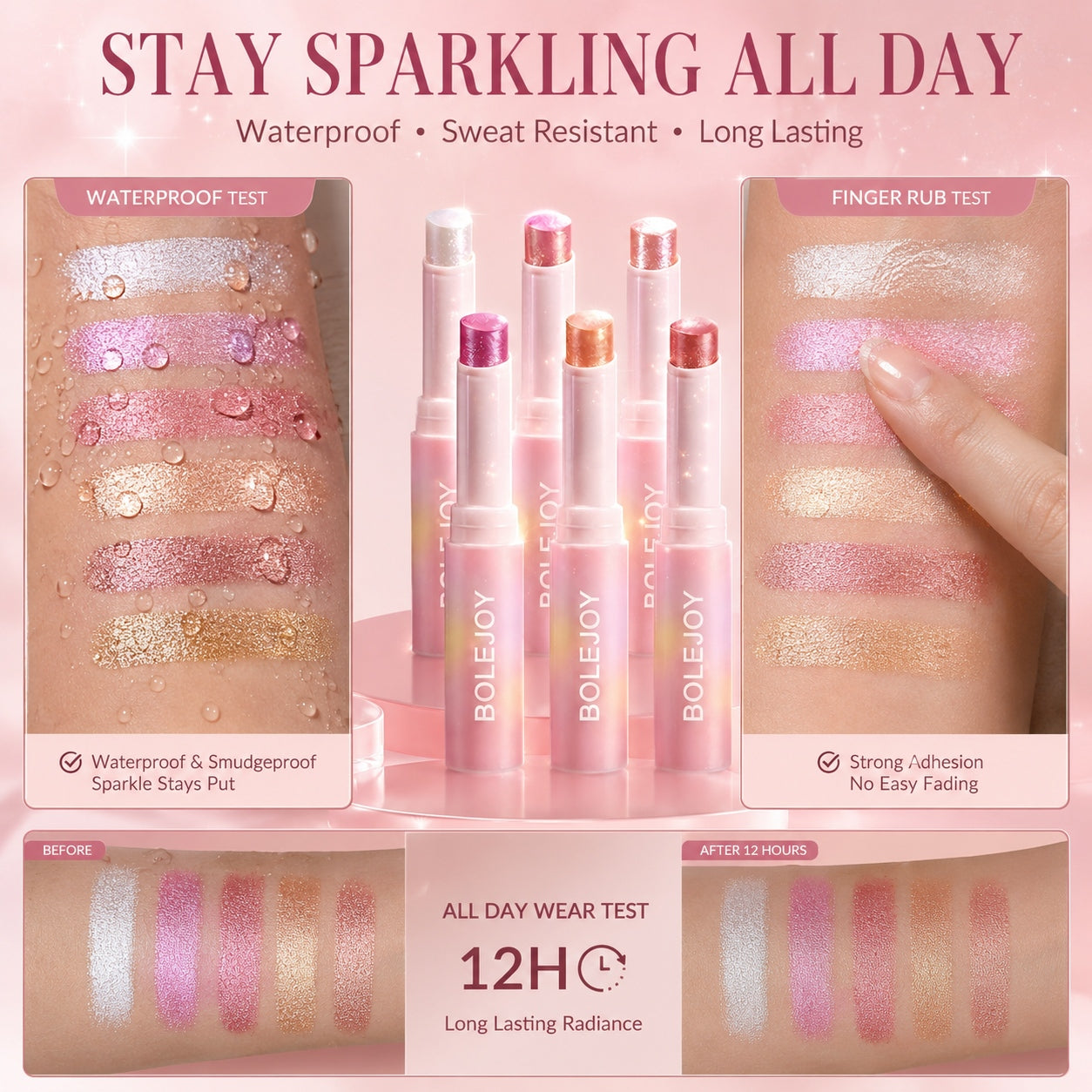 BOLEJOY 6PCS Jelly Glitter Stick Set – 3-in-1 Eyeshadow, Highlighter & Lip Glow with Hydrating Shimmer Finish-9YB