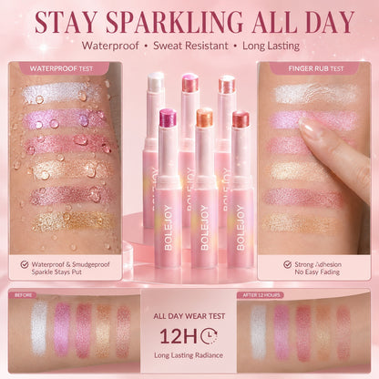 BOLEJOY 6PCS Jelly Glitter Stick Set – 3-in-1 Eyeshadow, Highlighter & Lip Glow with Hydrating Shimmer Finish-9YB