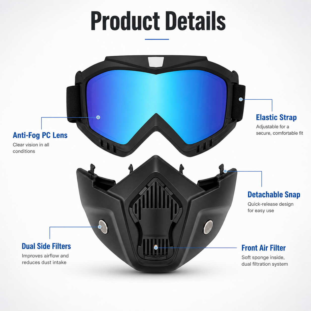 Full-Face Outdoor Goggles with Anti-Fog Lens & Detachable Mask-9YB