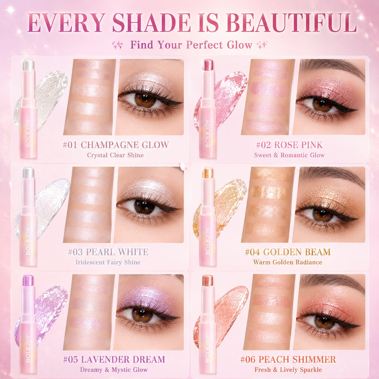 BOLEJOY 6PCS Jelly Glitter Stick Set – 3-in-1 Eyeshadow, Highlighter & Lip Glow with Hydrating Shimmer Finish-9YB