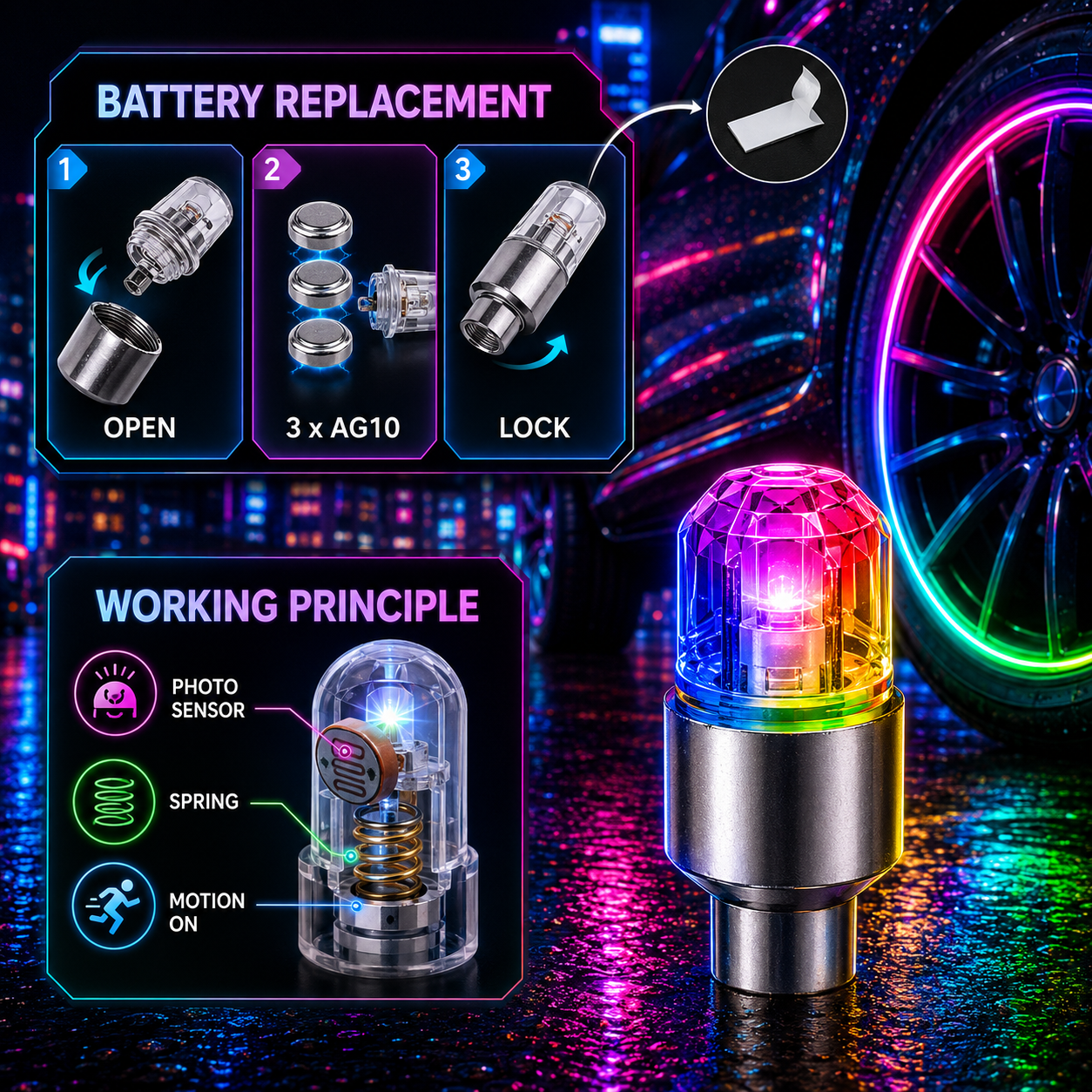 Smart RGB Tire Valve Lights – Motion-Sensing, Waterproof, Easy Install-9YB