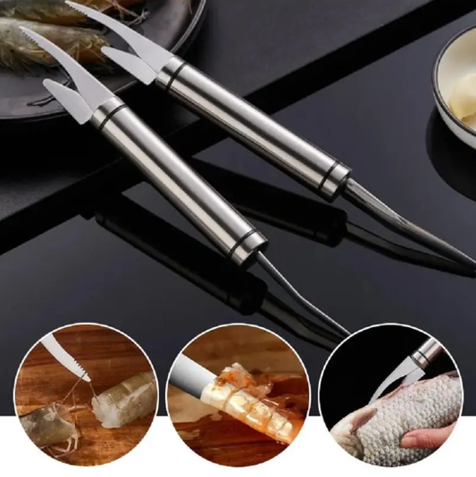 2PCS - 5 In 1 Multifunctional Shrimp Line Fish Maw Knife Stainless Steel Shrimp Deveiner Tool Multifunctional Fast Shrimp Peeler Fish Scale Remover Kitchen Fish and Shrimp Duck Intestine Cleaner-9SLL